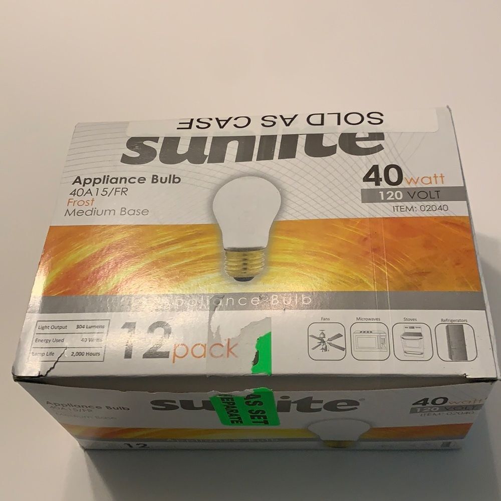 Sunlite Incandescent Appliance A15 Light Bulb 40 Watts Medium‎ Base New Case 12